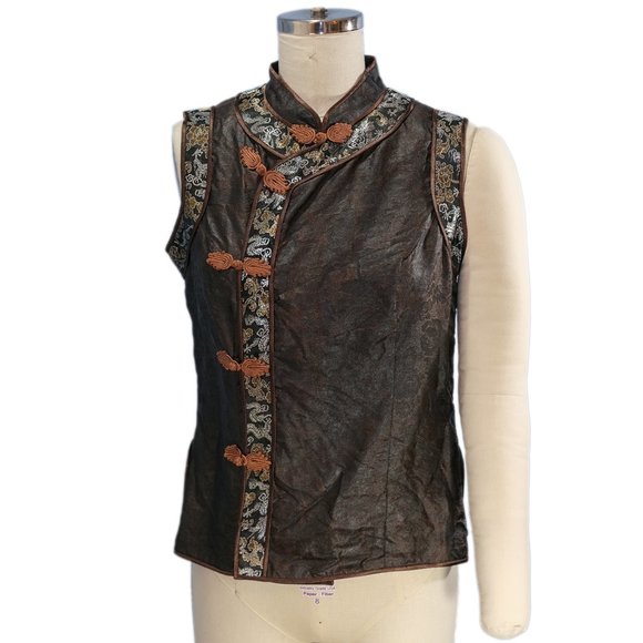 Grace Chuang New York Brown Silk Manderin Collar Tank w Metallic Dragon Trim  XL - Picture 2 of 5